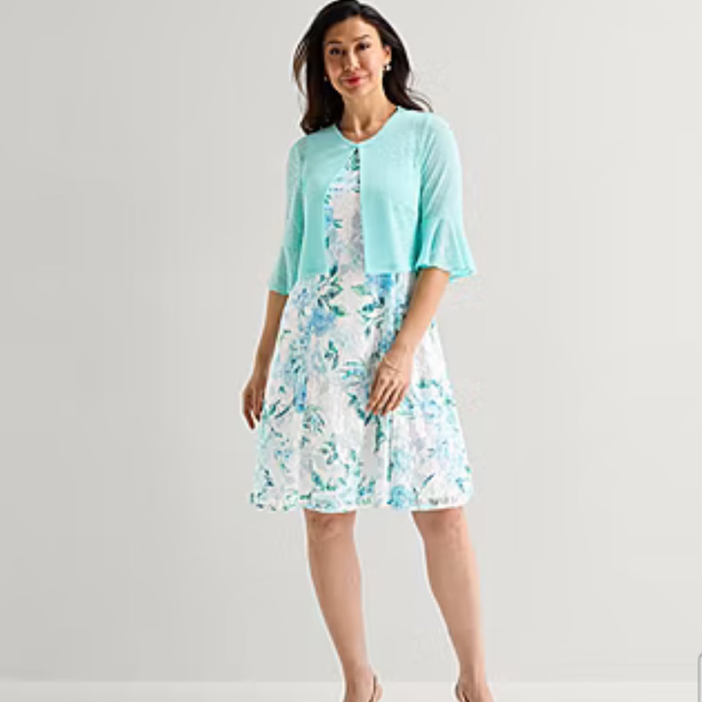 Perceptions Aqua Floral A-Line Dress & Jacket Set Sz Xl Nwt